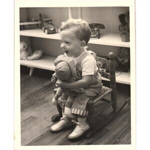 Vintage Photo Boy on Rocking Chair Holding Rag Doll‎ 1950s Toy Shelf Scene